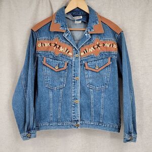 Stefano Vintage Denim Jean Western Trucker Jacket Brown Faux Leather Oversized